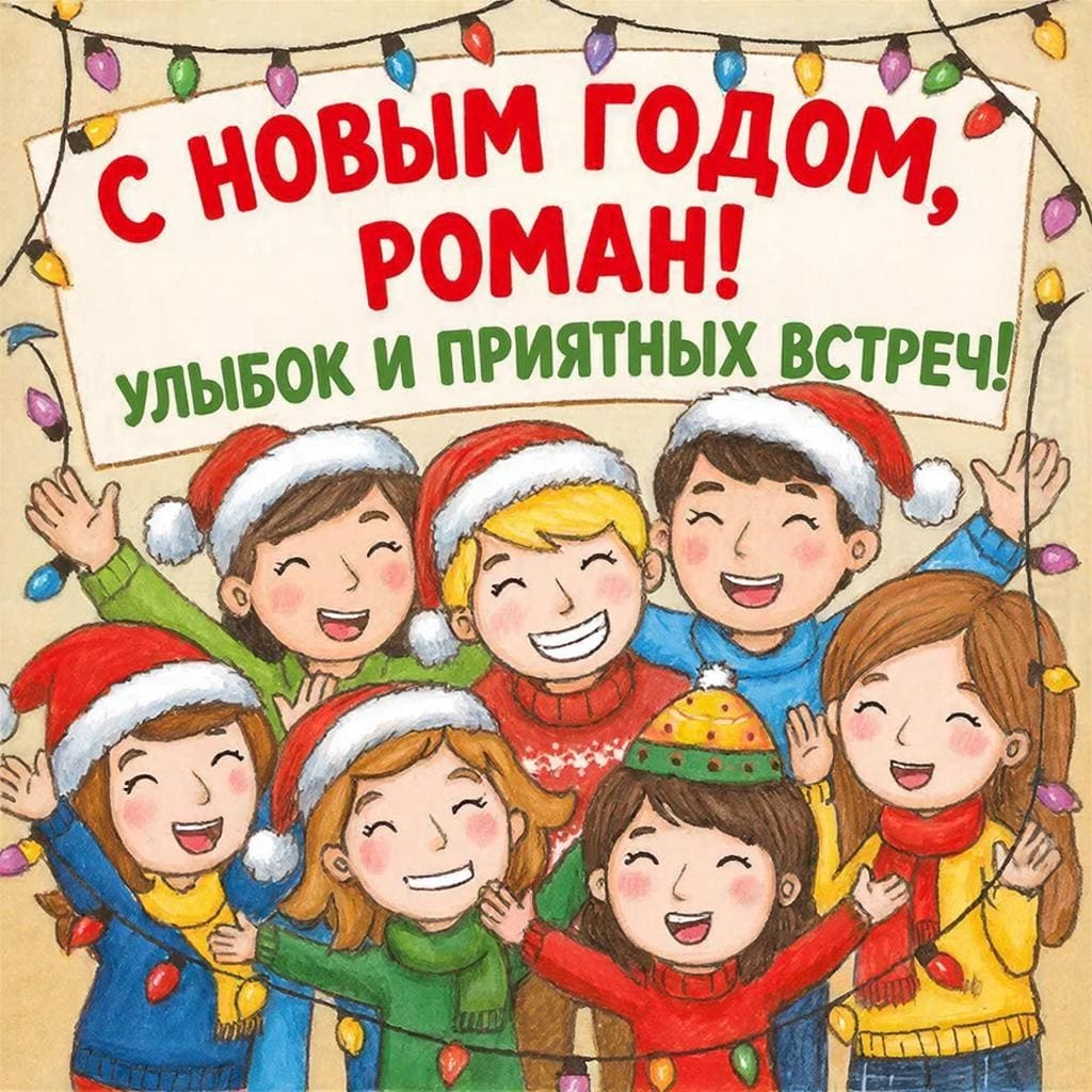 Друзья у гирлянд, праздничные шапки и улыбки — «С Новым годом, Роман! Улыбок и приятных встреч!»