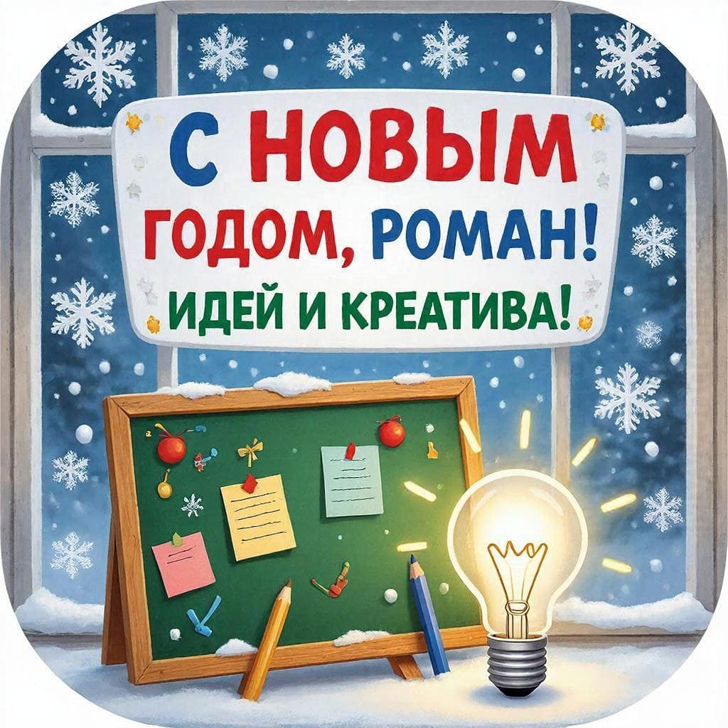Доска идей, лампочка и снежинки на окне — «С Новым годом, Роман! Идей и креатива!»