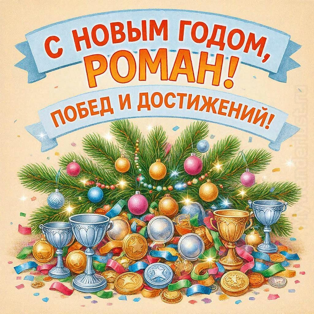 Медали, кубки, праздничный конфетти и ёлочная ветка — «С Новым годом, Роман! Побед и достижений!»