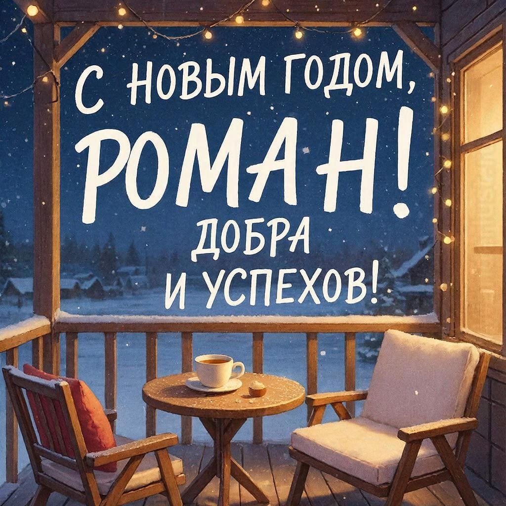 Тихая терраса, чашка чая, гирлянда и звёзды — «С Новым годом, Роман! Добра и успехов!»