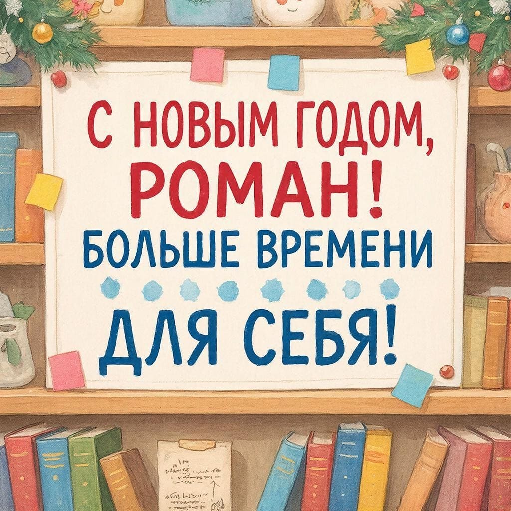 Полка с книгами, заметки и новогодний венок — «С Новым годом, Роман! Больше времени для себя!»