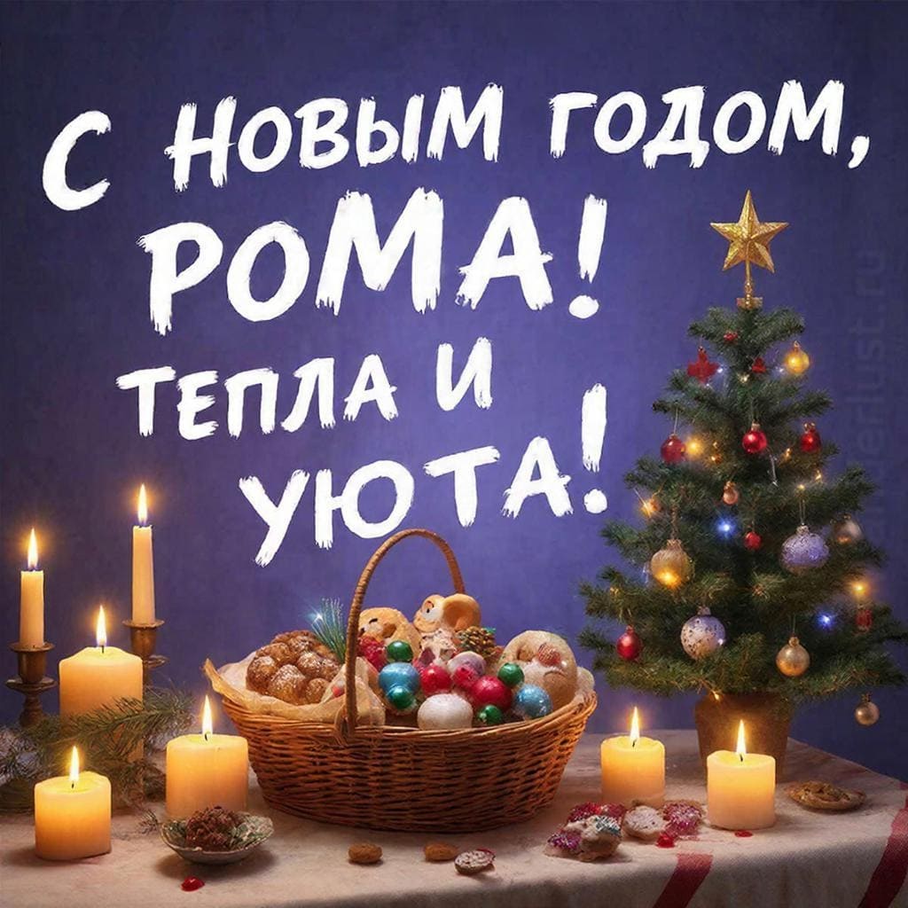 Корзина угощений, свечи и украшенная ёлочка рядом — «С Новым годом, Роман! Тепла и уюта!»