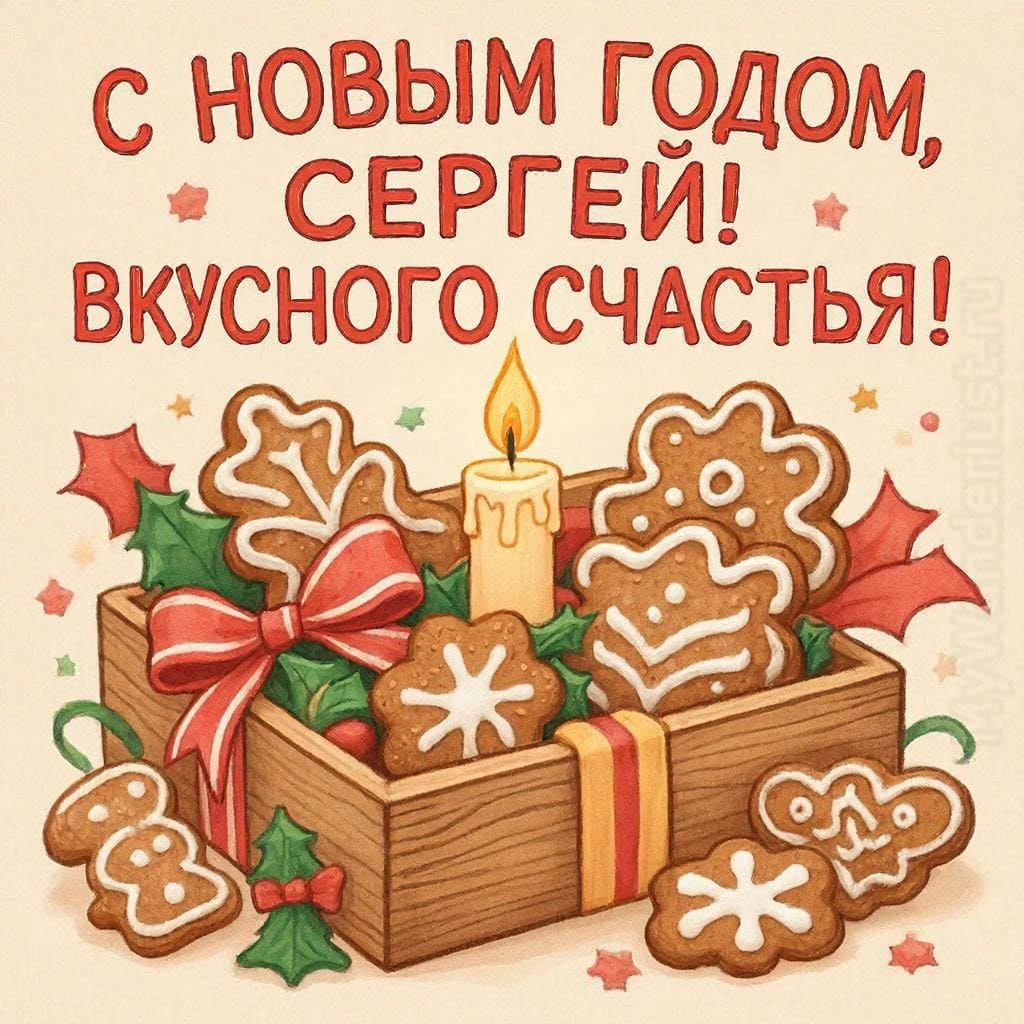 Деревянная коробка с имбирными пряниками и свечой — «С Новым годом, Сергей! Вкуса и счастья.»