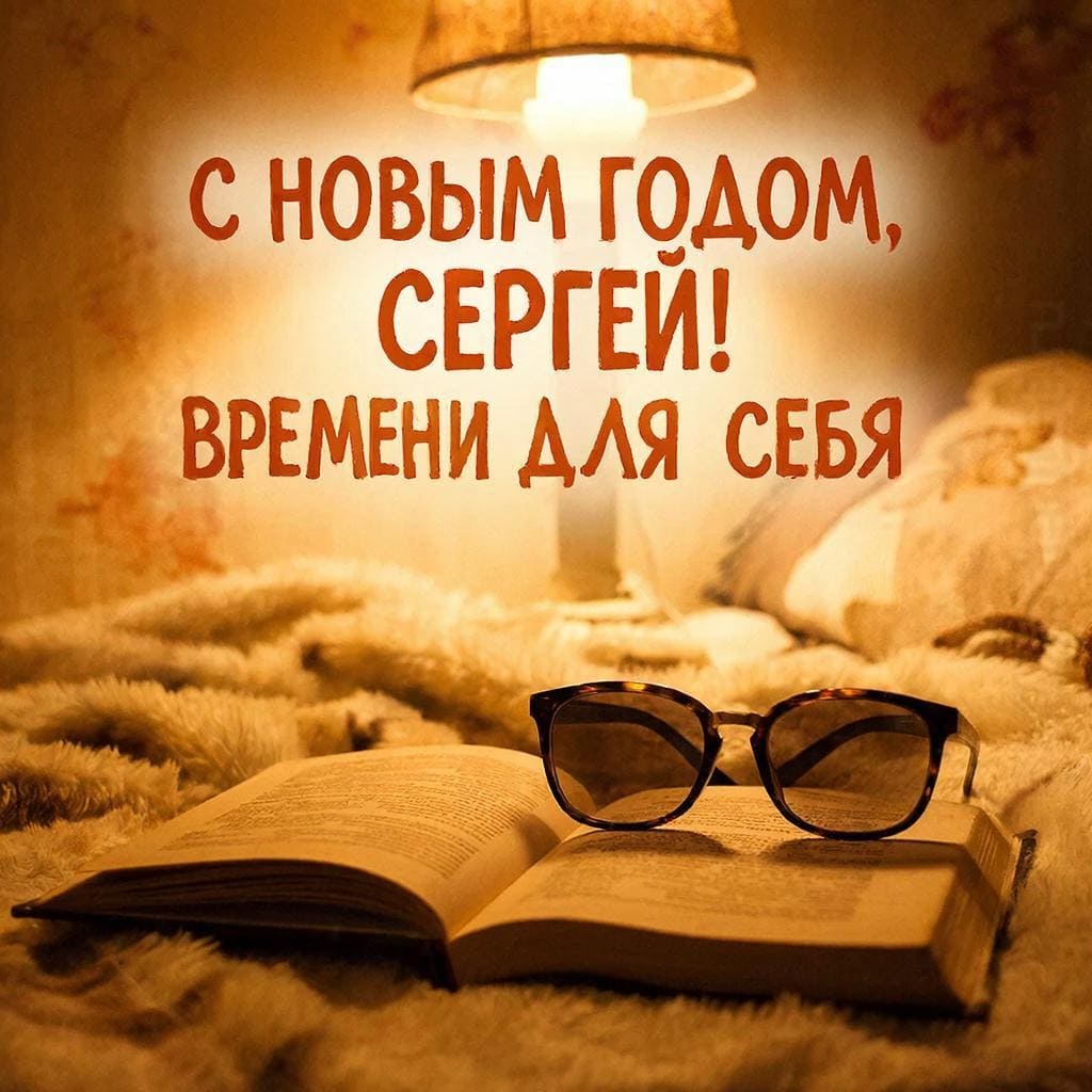 Открытая книга и очки на пледе при лампе — «С Новым годом, Сергей! Времени для себя»