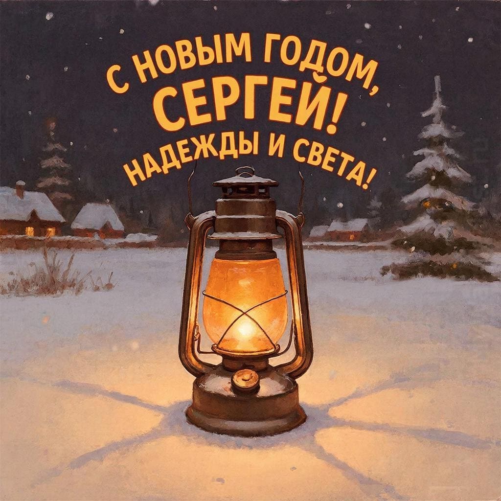 Ретро-фонарь на снеге, тёплое оранжевое свечение — «С Новым годом, Сережа! Надежды и света.»