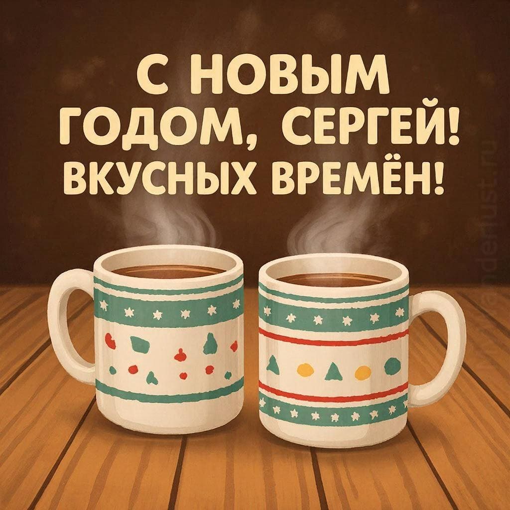 Пара керамических кружек на деревянном столе, пар клубится — «С Новым годом, Сергей! Вкусных времён!»
