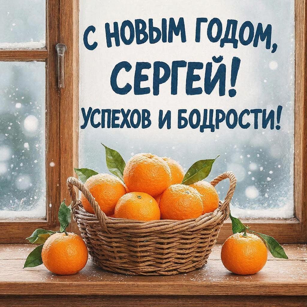 Свежие мандарины в плетёной корзине на окне — «С Новым годом, Сергей! Успехов и бодрости!»