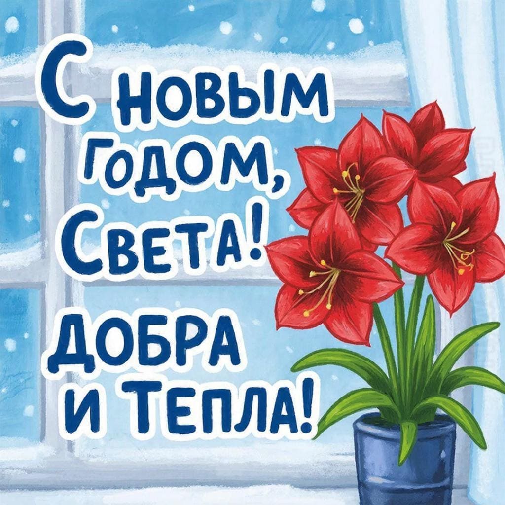 Ваза с амариллисом на заснежном подоконнике — С Новым годом, Света! Пусть дом будет тёплым и светлым!