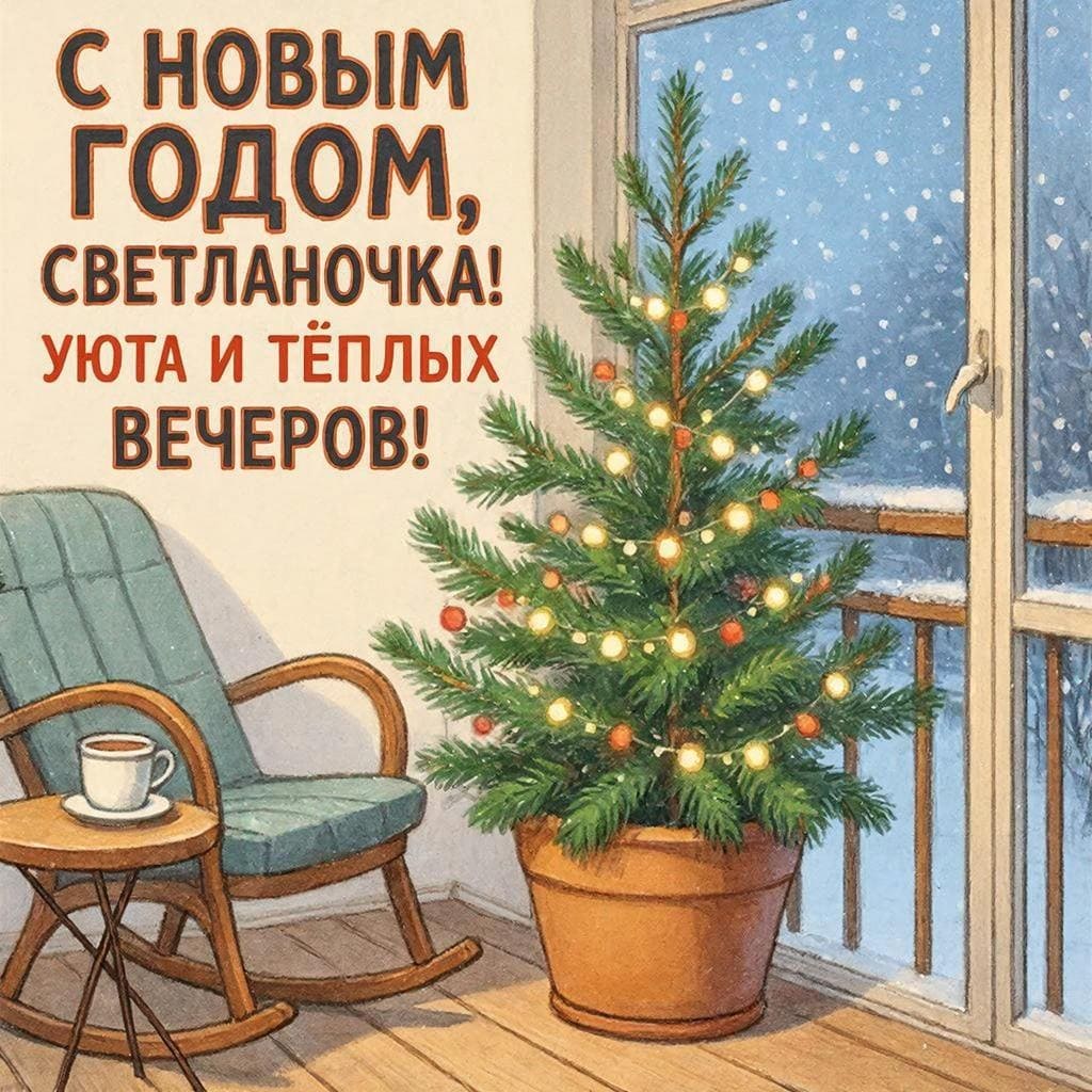 Балкон с еловым кашпо и гирляндой — С Новым годом, Светланочка! Уюта и тёплых вечеров!