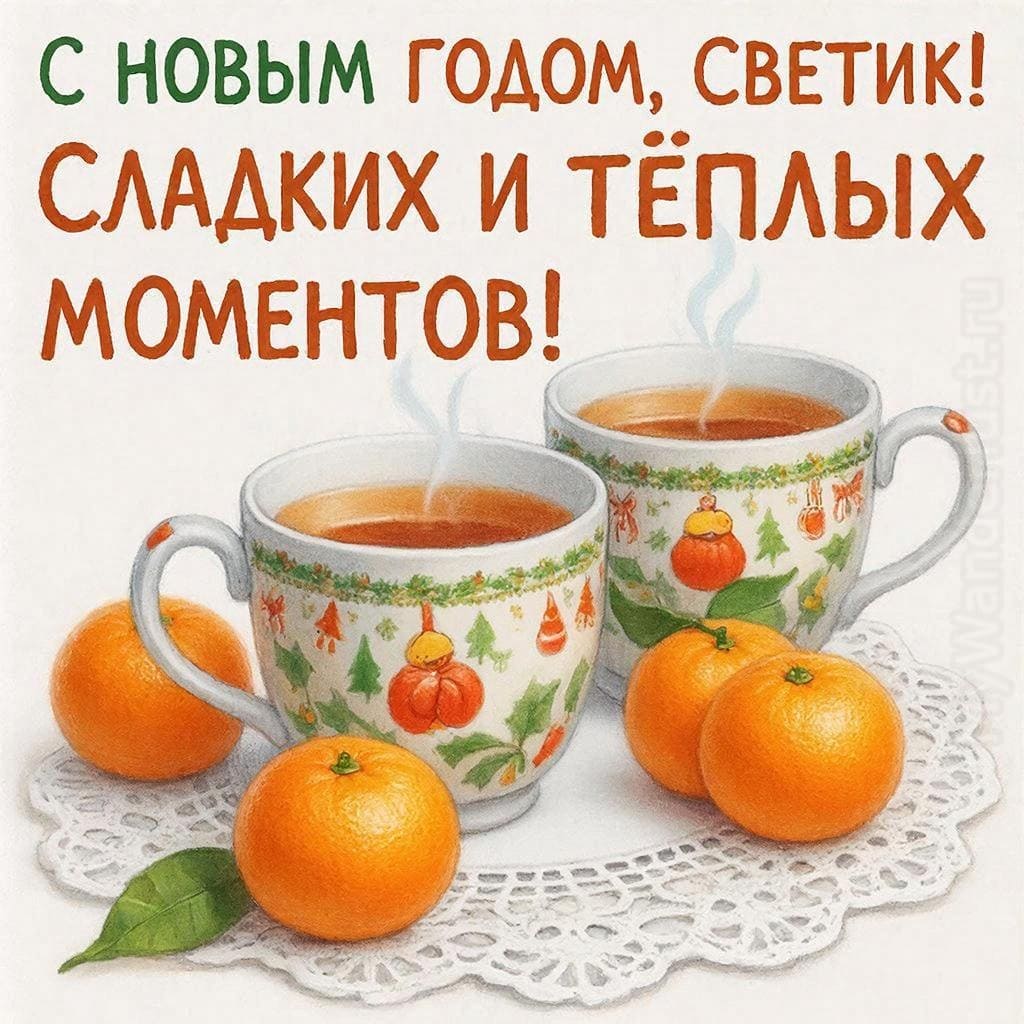 Чайные чашки с мандаринами на салфетке — С Новым годом, Светик! Сладких и тёплых моментов!