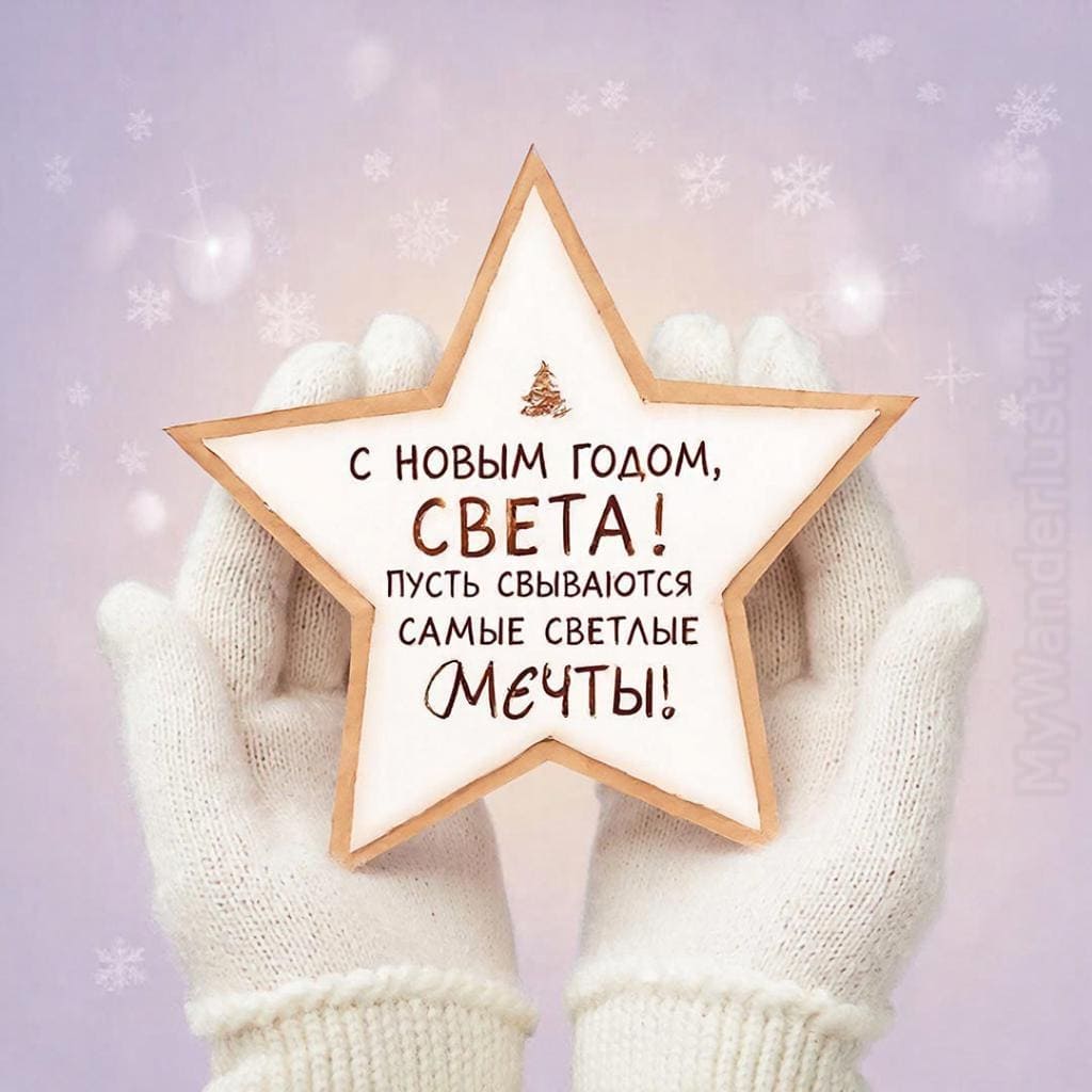 Руки в перчатках держат бумажную звезду — С Новым годом, Света! Пусть сбываются самые светлые мечты!