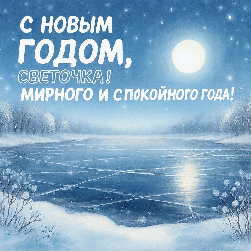 Акварельное зимнее озеро с отражением луны — С Новым годом, Светланочка! Мирного и спокойного года!