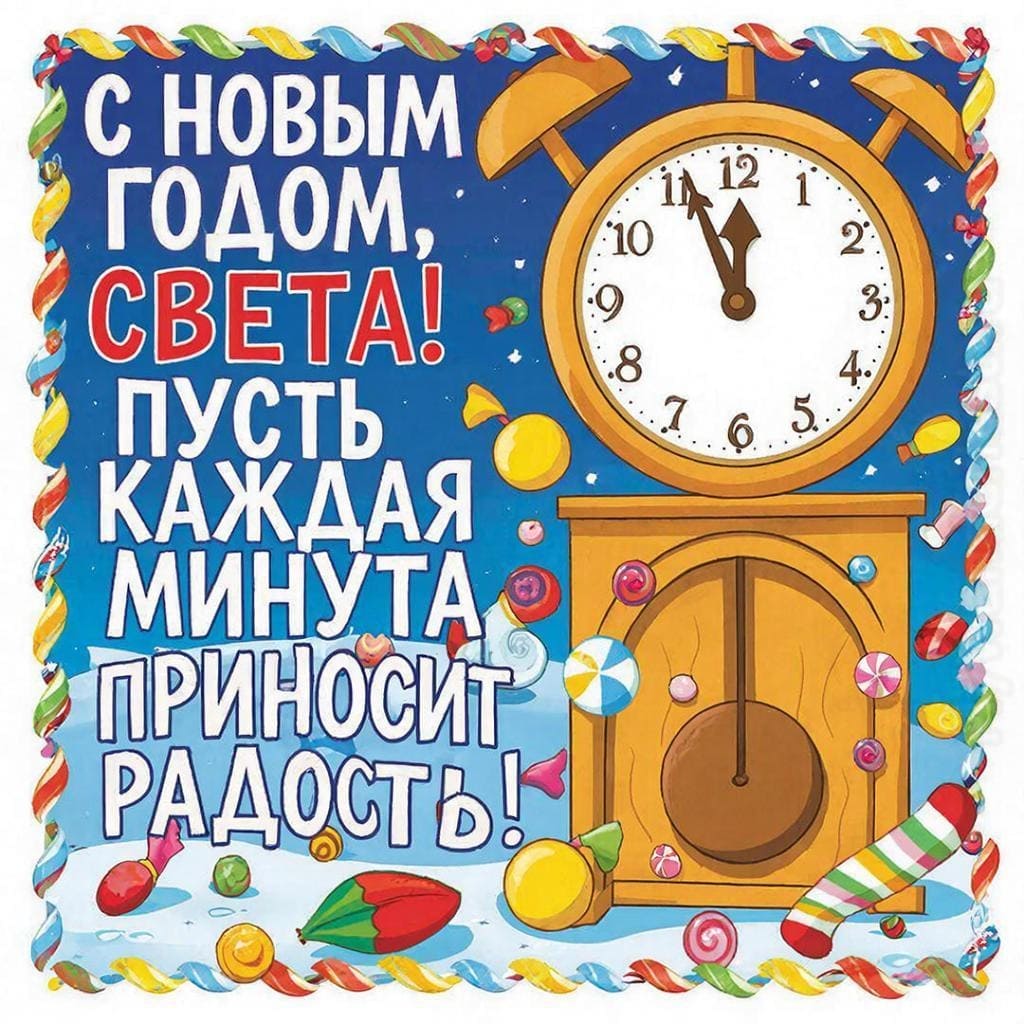 Часы с курантами и рассыпанными конфетами — С Новым годом, Света! Пусть каждая минута приносит радость!