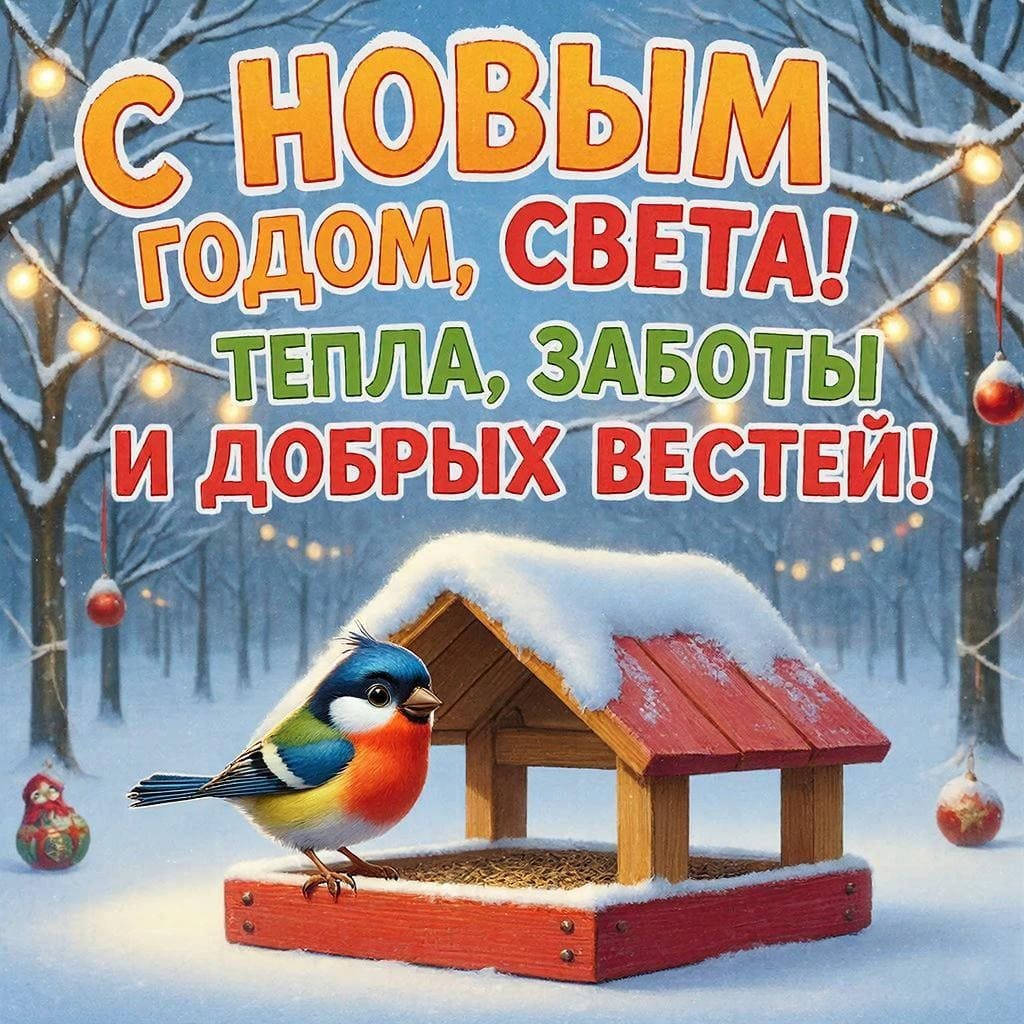 Птичка у кормушки в парке — С Новым годом, Света! Тепла, заботы и добрых вестей!