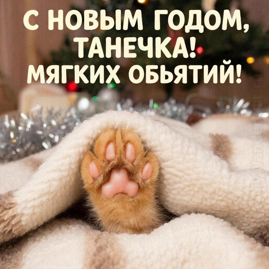 Маленькая лапа кота, выглядывающая из-под пледа — С Новым годом, Танечка! Мягких объятий