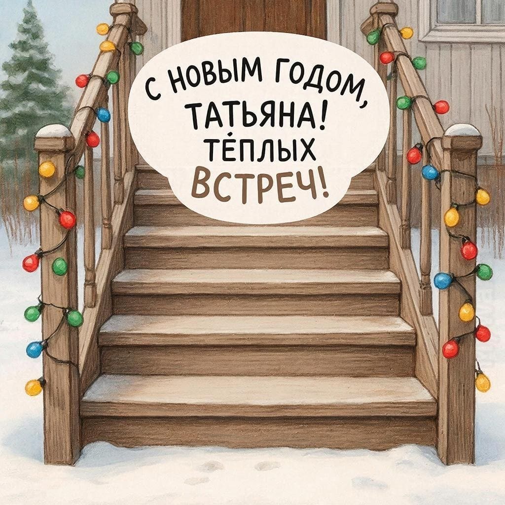 Ступеньки старого дома, украшенные гирляндами — С Новым годом, Татьяна! Тёплых встреч