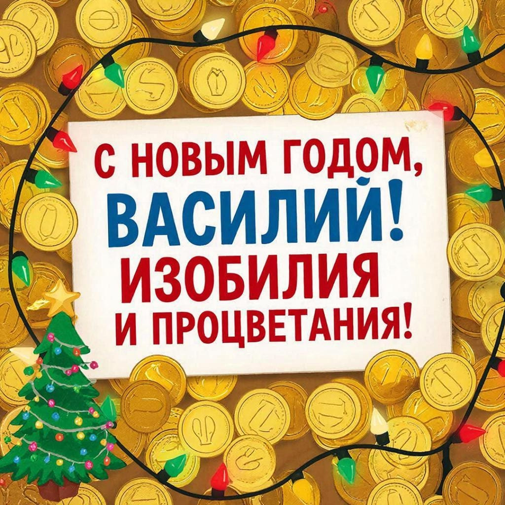 Золотые монеты, новогодняя гирлянда и маленькая ёлка — «С Новым годом, Василий! Изобилия и процветания!»