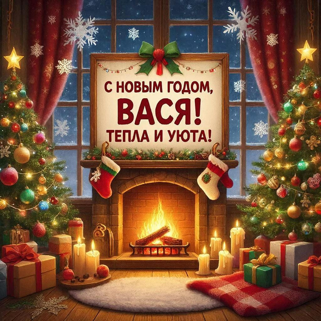 Домашний очаг, плед, украшенная ёлка и свечи — «С Новым годом, Василий! Тепла и уюта!»