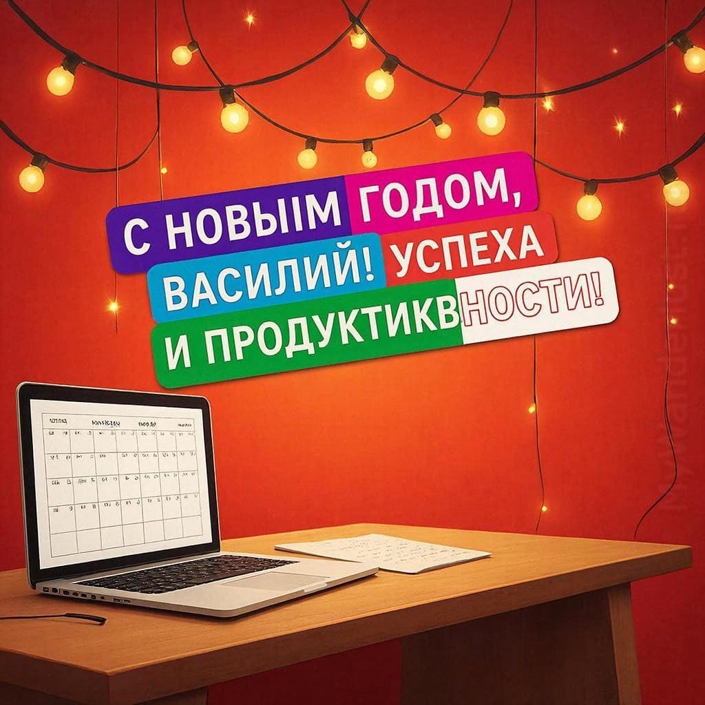 Рабочий стол с ноутбуком, календарь и гирлянды — «С Новым годом, Василий! Успеха и продуктивности!»