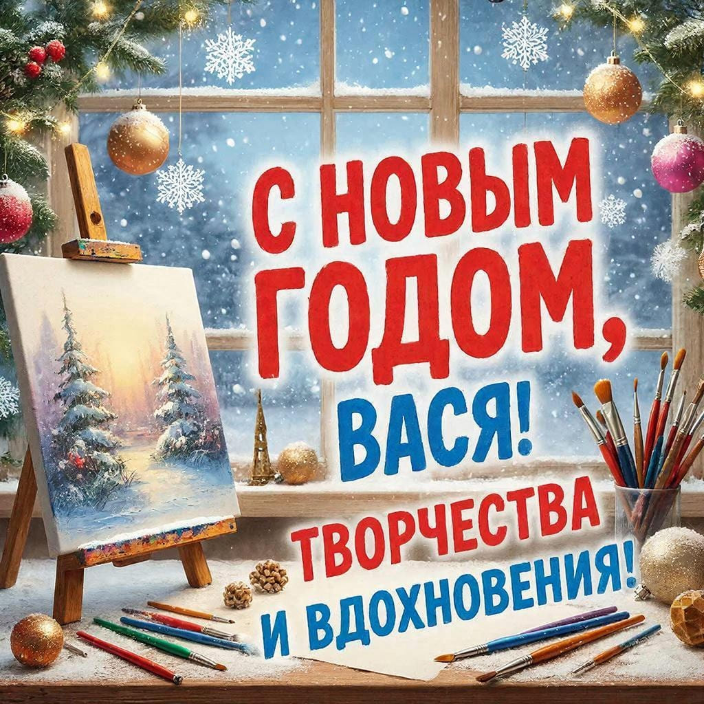 Холст с кистями, снежинки на окне и ёлочные игрушки — «С Новым годом, Василий! Творчества и вдохновения!»