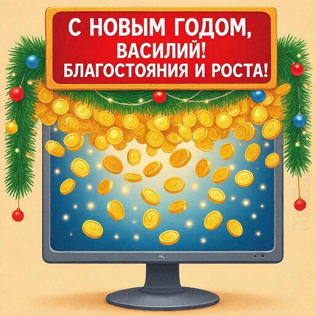 Финансовая диаграмма, монеты и гирлянда над монитором — «С Новым годом, Василий! Благосостояния и роста!»