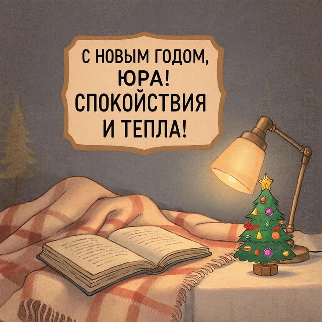 Плед, книга, лампа и украшенная маленькая ёлочка — «С Новым годом, Юрий! Спокойствия и тепла!»