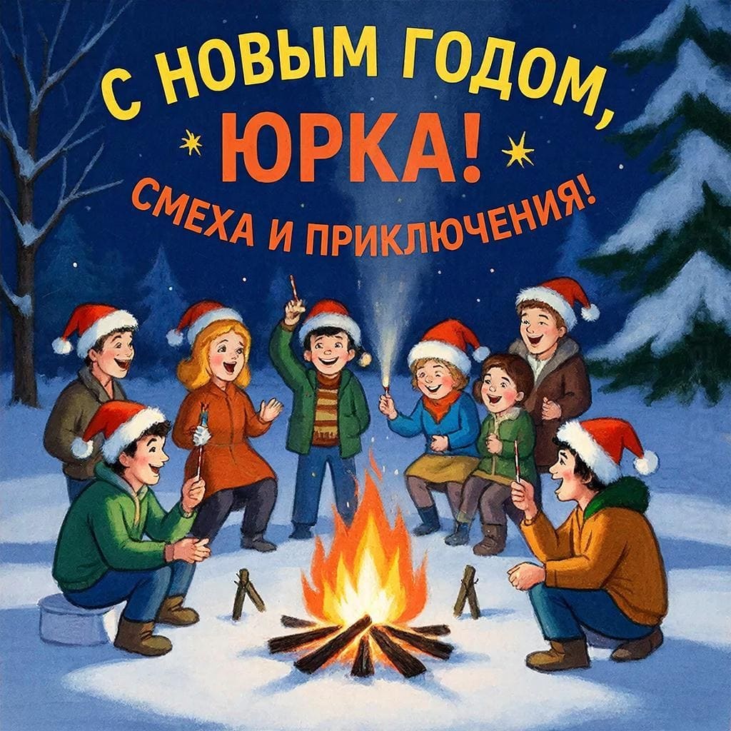 Друзья в походе у костра, новогодние шапки и хлопушки — «С Новым годом, Юрий! Смеха и приключений!»