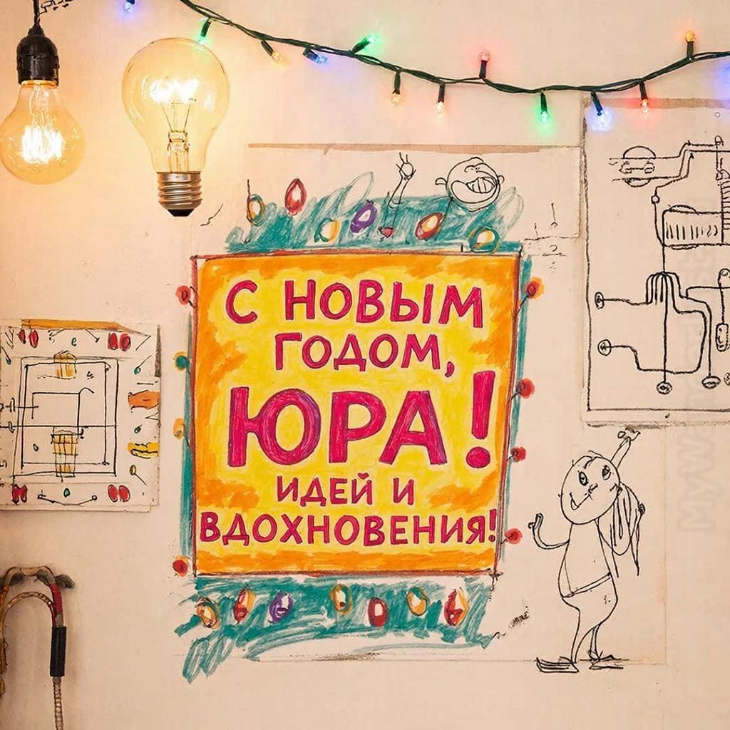 Лампочка идей, схемы и гирлянда на стене — «С Новым годом, Юрий! Идей и вдохновения!»