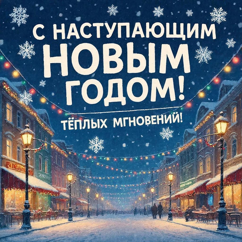 Зимний городской пейзаж с огнями на улицах и снежинками. Надпись крупным шрифтом: С наступающим Новым Годом! Тёплых мгновений!
