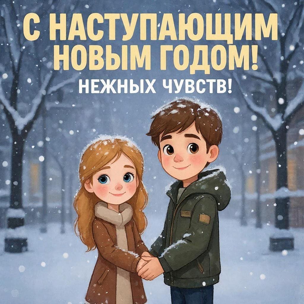Пара, держащаяся за руки под падающим снегом. Надпись крупным шрифтом: С наступающим Новым Годом! Нежных чувств!