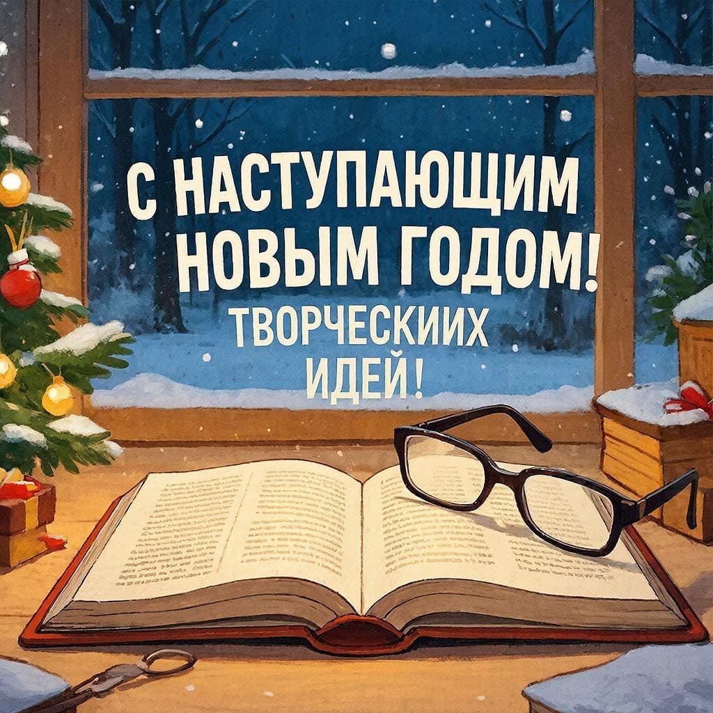 Открытая книга и очки на иллюстрации зимнего вечера. Надпись крупным шрифтом: С наступающим Новым Годом! Творческих идей!
