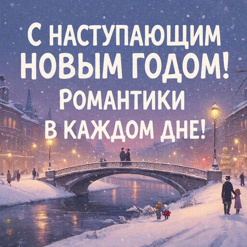 Заснеженный мост через реку с мерцающими огнями. Надпись крупным шрифтом: С наступающим Новым Годом! Романтики каждый день!