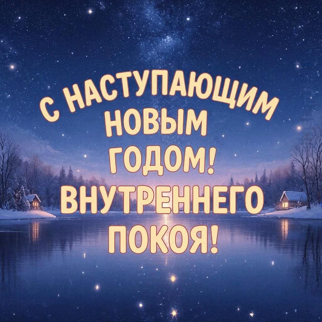 Иллюстрация спокойного зимнего озера с отражением звёзд. Надпись крупным шрифтом: С наступающим Новым Годом! Внутреннего покоя!