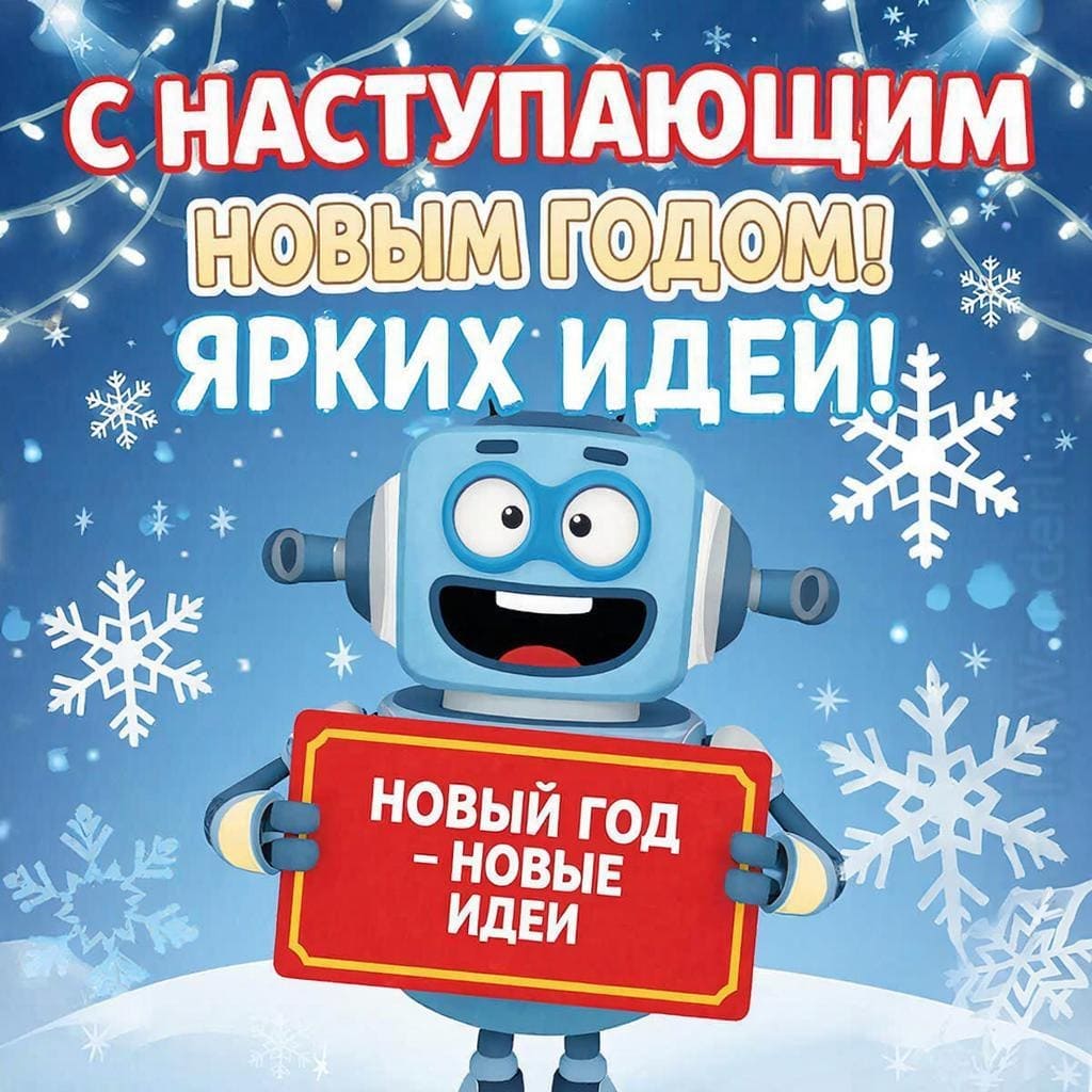 Забавный новогодний робот/маскот, держащий табличку «Новый год = новые идеи». Надпись крупным шрифтом: С наступающим Новым Годом! Ярких идей!