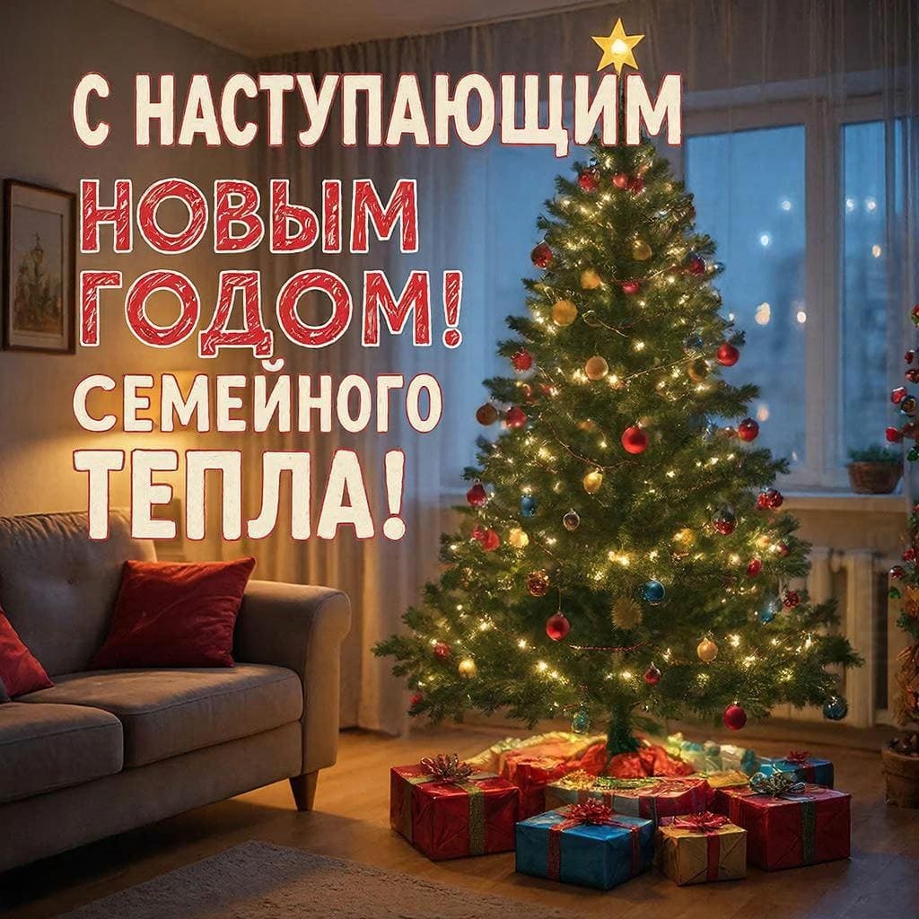 Елка в уютной гостиной, подарки у её основания. Надпись крупным шрифтом: С наступающим Новым Годом! Семейного тепла!