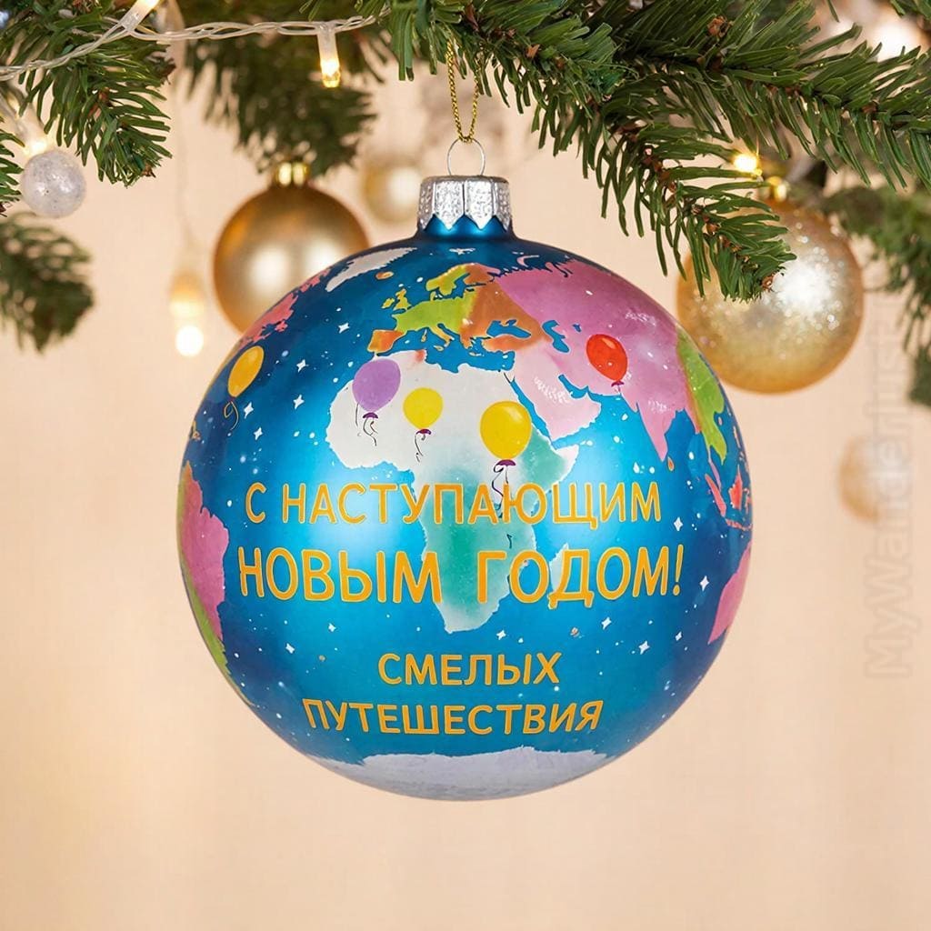 Елочная игрушка в виде глобуса или карты мира. Надпись крупным шрифтом: С наступающим Новым Годом! Смелых путешествий!