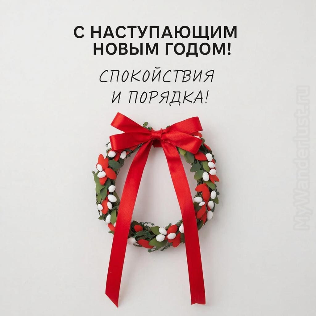 Стильный минималистичный венок с красной лентой на белом фоне. Надпись крупным шрифтом: С наступающим Новым Годом! Спокойствия и порядка!