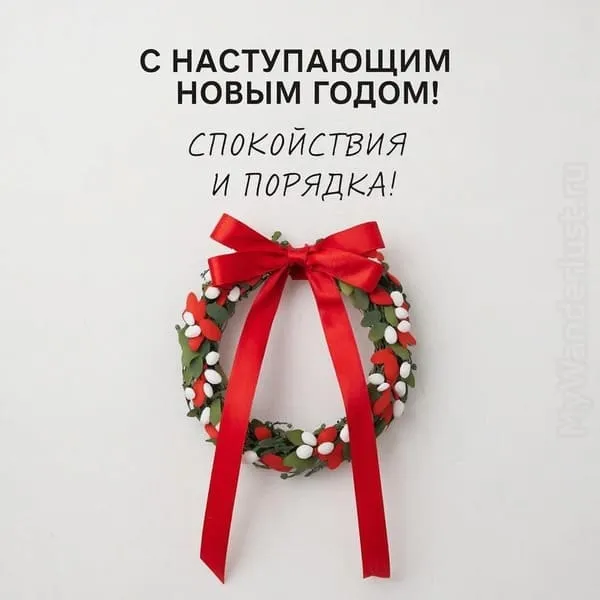 Стильный минималистичный венок с красной лентой на белом фоне. Надпись крупным шрифтом: С наступающим Новым Годом! Спокойствия и порядка!