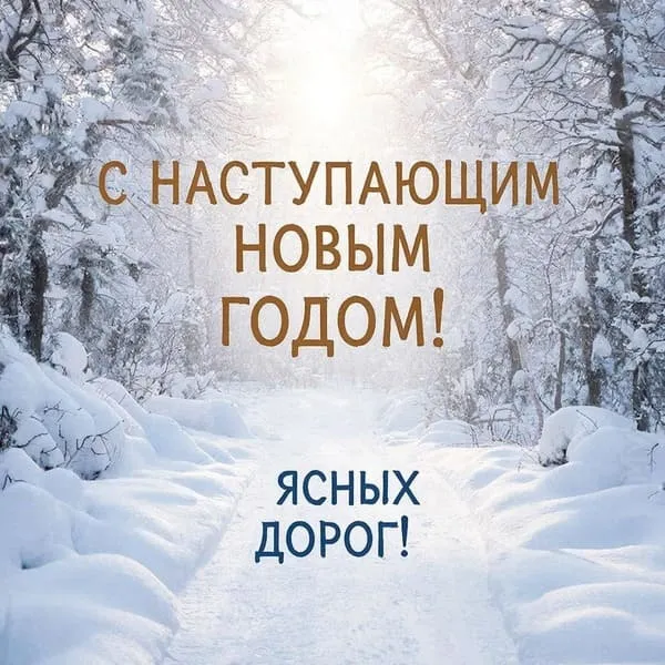 Снежный лес и дорожка, уводящая вдалеке к свету. Надпись крупным шрифтом: С наступающим Новым Годом! Ясных дорог!