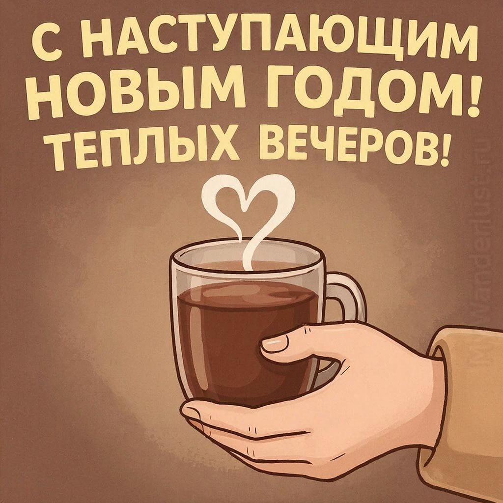 Рука с кружкой горячего шоколада и паром в виде сердечка. Надпись крупным шрифтом: С наступающим Новым Годом! Теплых вечеров!